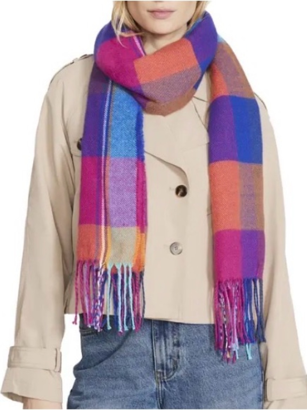 Steve Madden Multicolor Plaid Fringe Scarf Pink Blue Orange Purple NWT NEW 98072